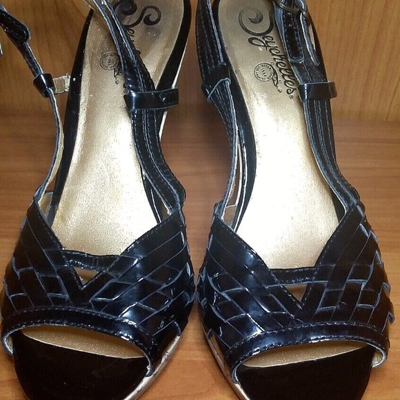 SEYCHELLES BLACK SLING BACKS OPEN TOE, CORK CONE HEEL, PATENT LEATHER SIZE 7.5. - Picture 3 of 5